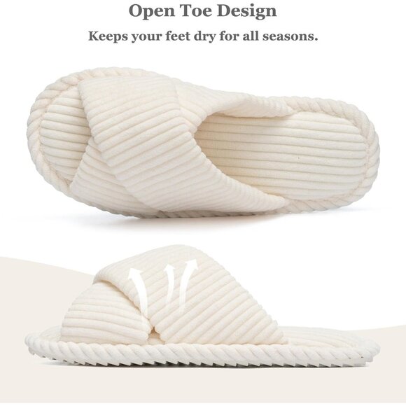 ⚡Women Beige Cotton Memory Foam Bedroom Corduroy Crossbands Open Toe Shoes - Picture 6 of 6